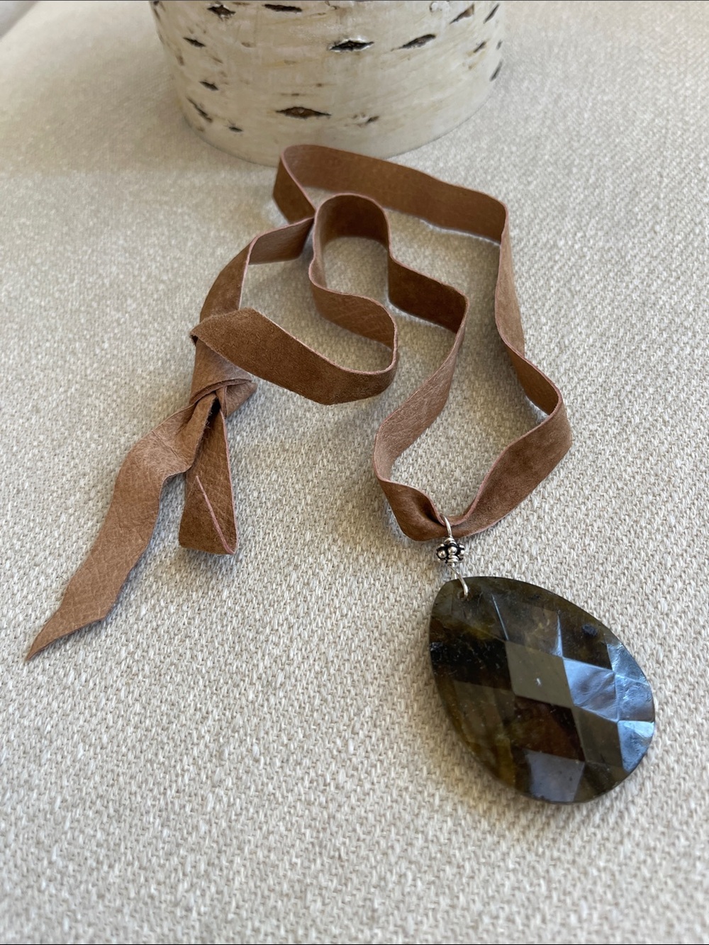 N10. LEATHER & LABRADORITE | Faceted Gemstone |Leather Tie Cord | Artisan |